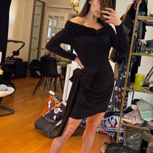 Made in Italy Redemption glitter bow off the shoulder mini dress